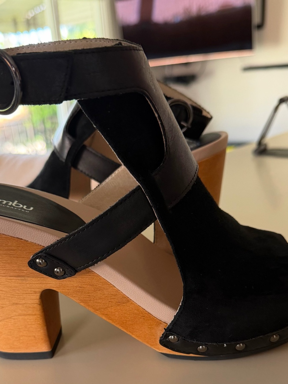 NEW Jambu Black Suede & Leather Wood-Block Heel Sandal